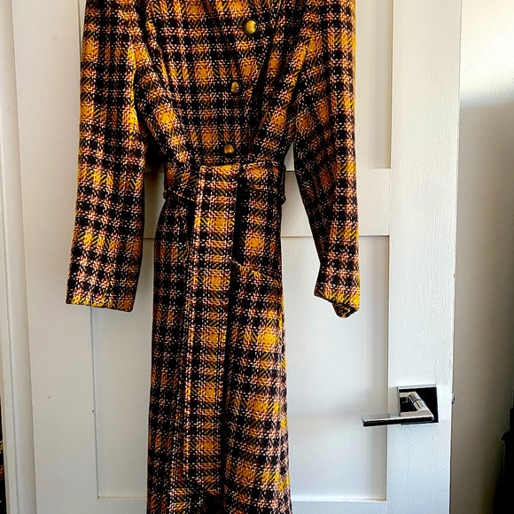 Price firm 70s VINTAGE Wool plaid tweed wide lapel belted trench pea tailored - Picture 8 of 14